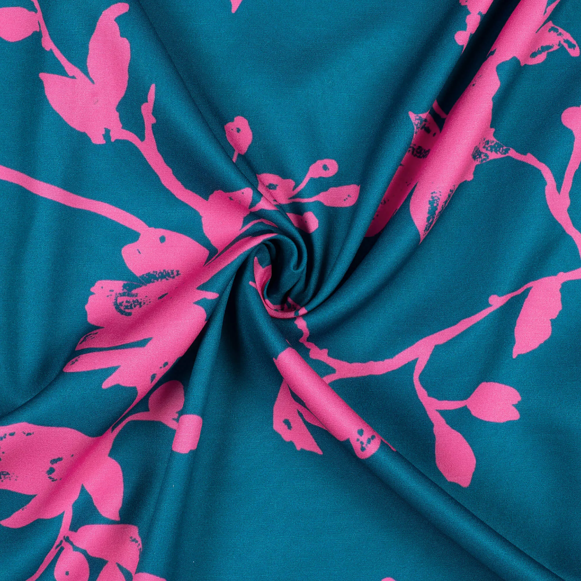 Floral Pattern Teal Blue and Hot Pink Poly Micro Crepe Fabric Digital Print