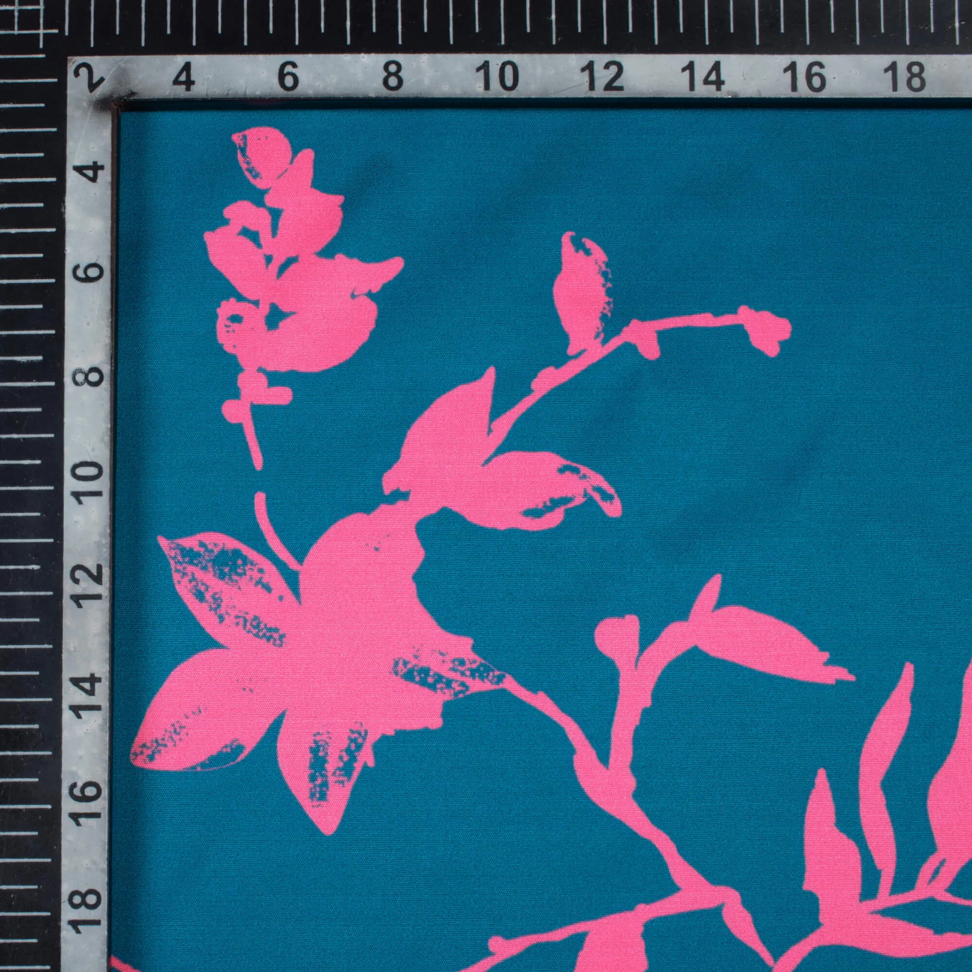 Floral Pattern Teal Blue and Hot Pink Poly Micro Crepe Fabric Digital Print