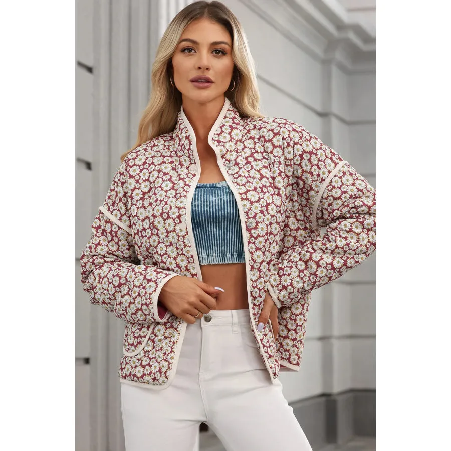 Floral Snap Down Mock Neck Coat - Women's Outerwear