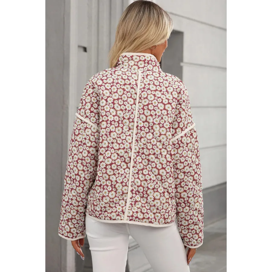 Floral Snap Down Mock Neck Coat - Women's Outerwear