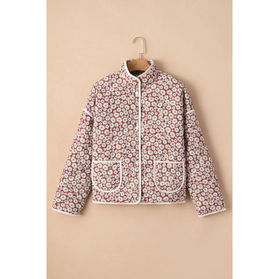 Floral Snap Down Mock Neck Coat - Women's Outerwear