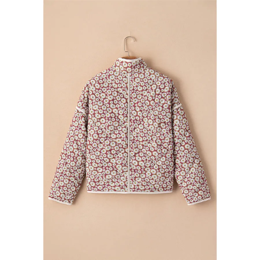 Floral Snap Down Mock Neck Coat - Women's Outerwear