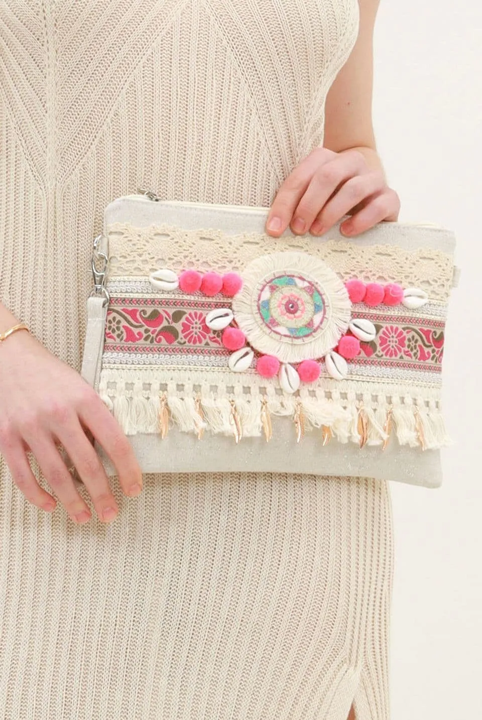 Bohemian Fuchsia Tassel Clutch Bag