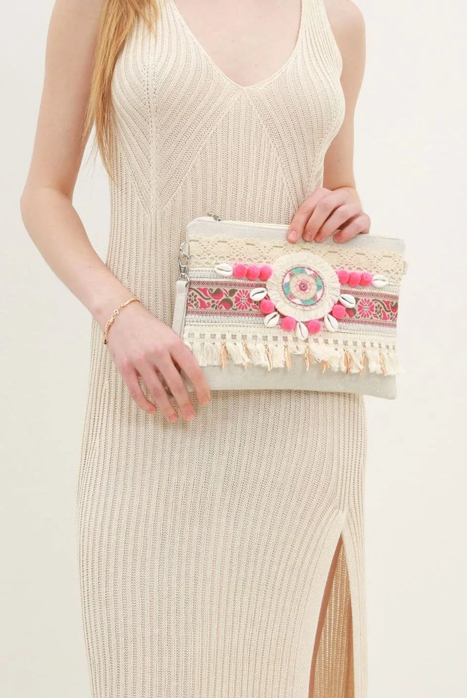 Bohemian Fuchsia Tassel Clutch Bag