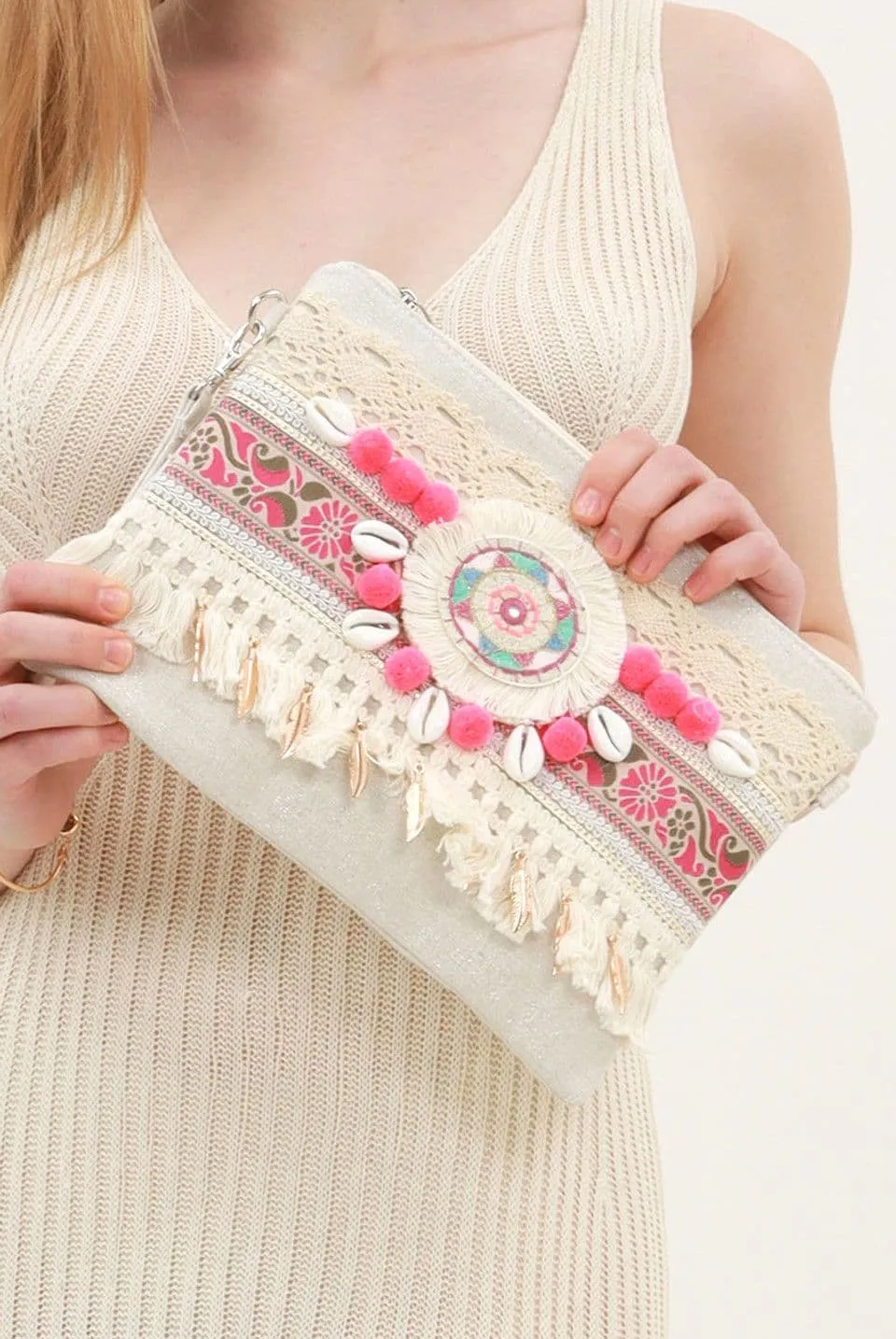 Bohemian Fuchsia Tassel Clutch Bag