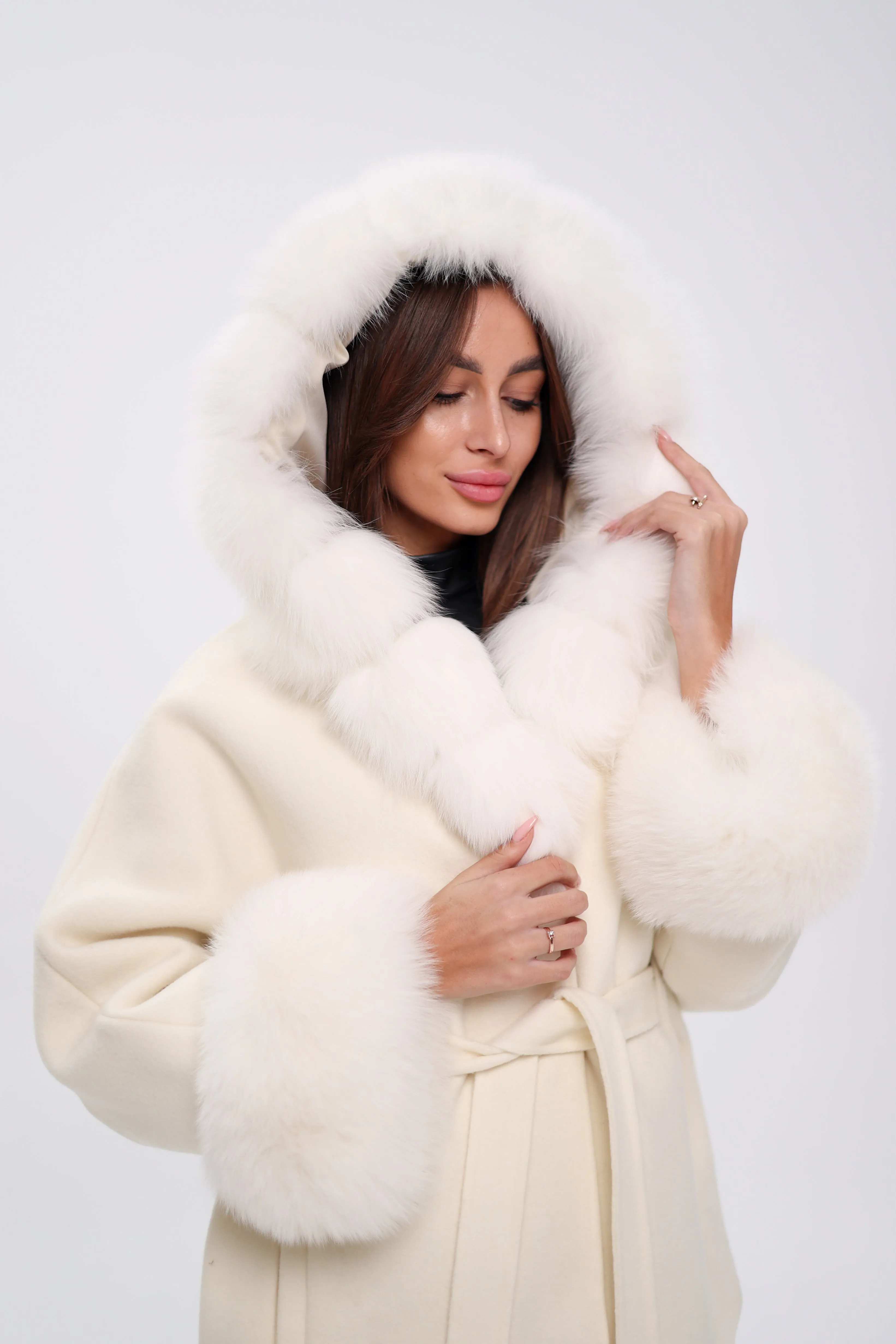 Genuine Polar Fox Fur Wool Hooded Coat