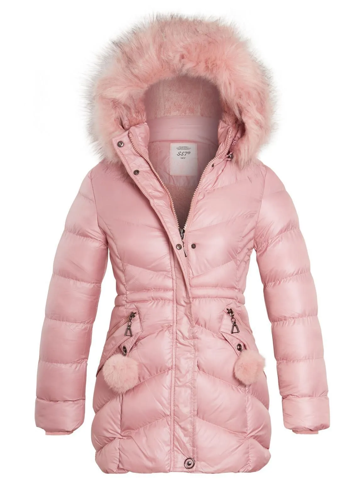 Girls Double Pom Pom Parka Coat, Navy, Pink, Ages 3 to 14 years – Buy Now