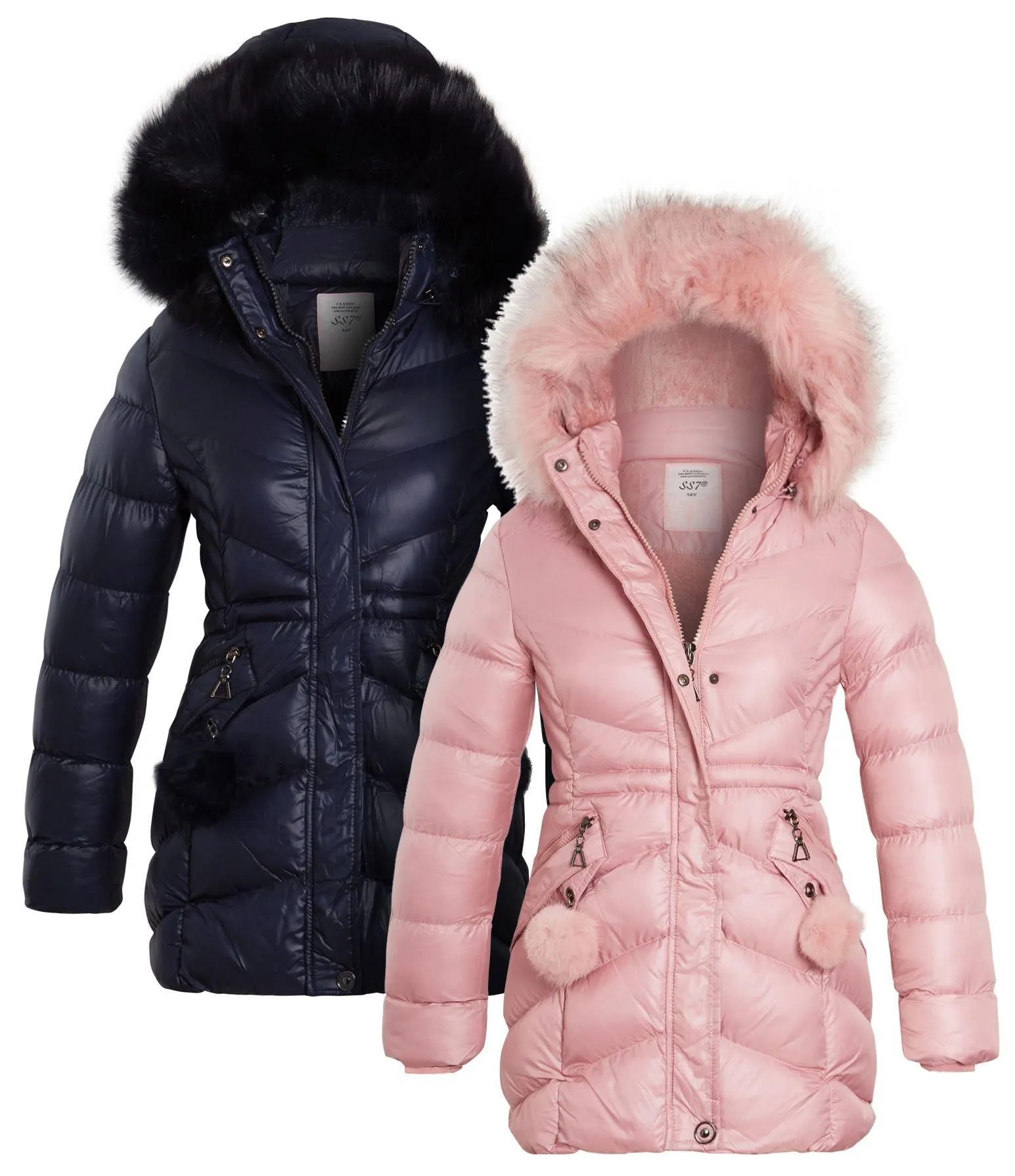 Girls Double Pom Pom Parka Coat, Navy, Pink, Ages 3 to 14 years – Buy Now