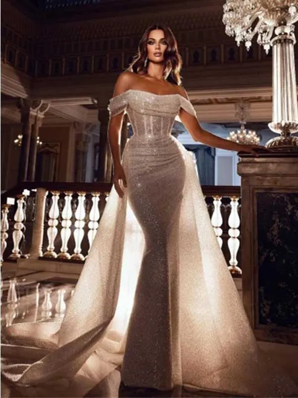 Glittery Off Shoulder Sequin Mermaid Bridal Gown with Sweep Train, Style WD0480