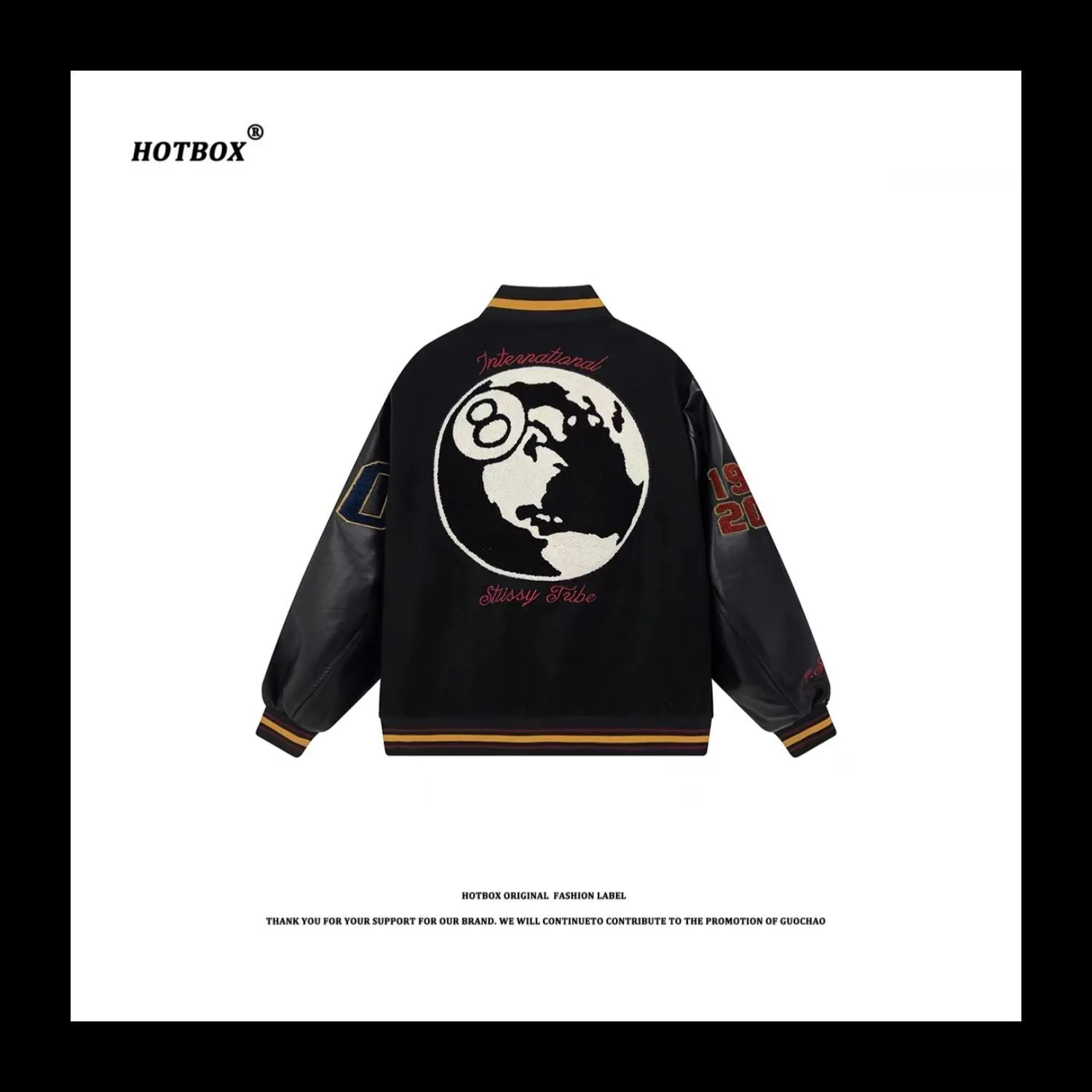 HOTBOX Black Eight Jacket Stussy VIBE 40th Anniversary Limited Edition Baseball - Google-friendly Version