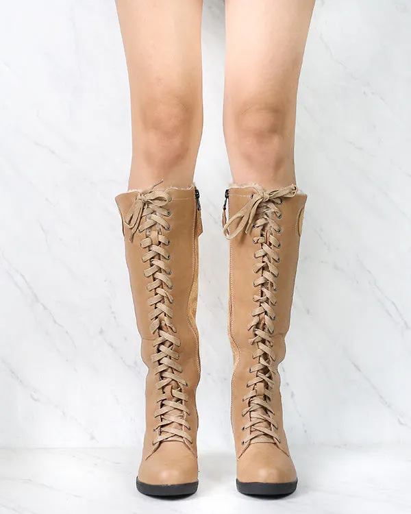 Khaki Lace-Up Wedge Boots