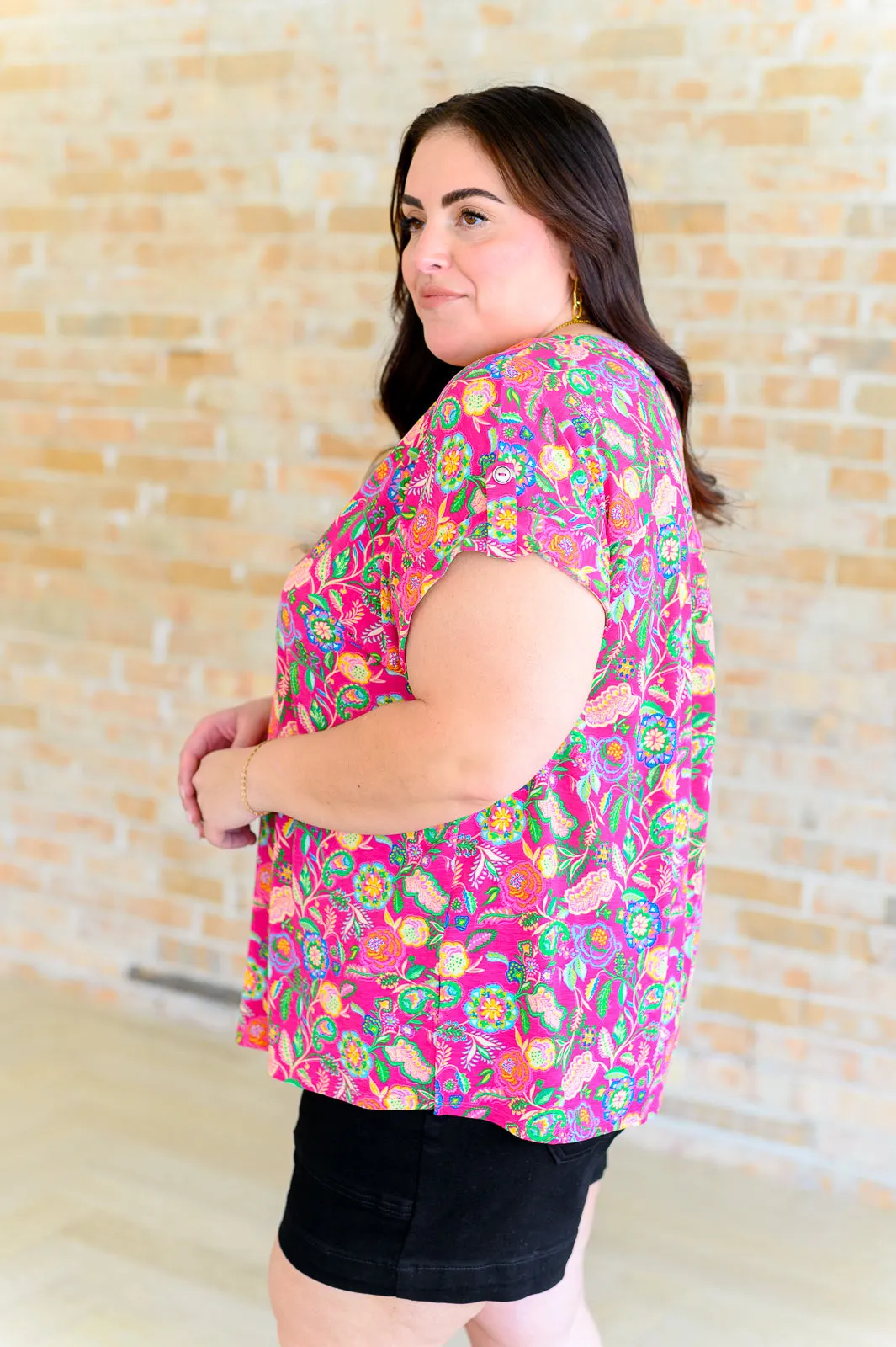 Fuchsia and Green Floral Paisley Lizzy Cap Sleeve Top