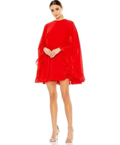 Mac Duggal Women's Ieena High Neck Ruffle Hem Cape Mini Dress