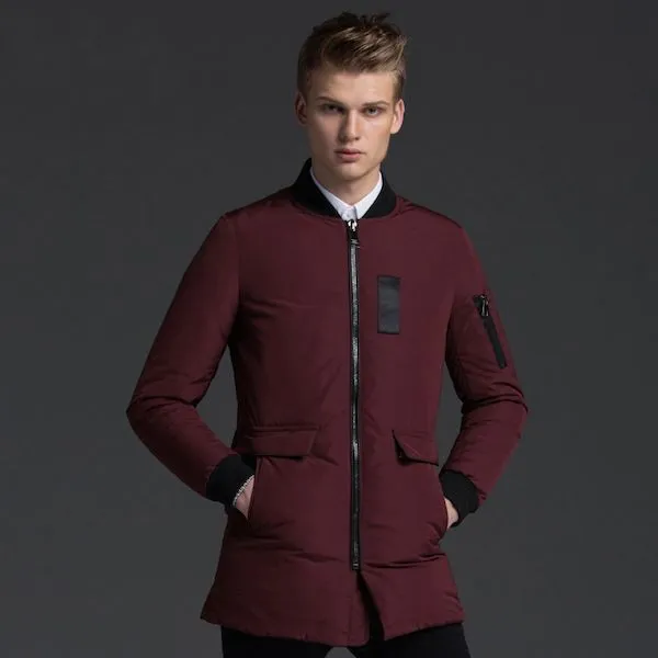 Men's Mid-Length Bomber Jacket with Black Cotton Lining