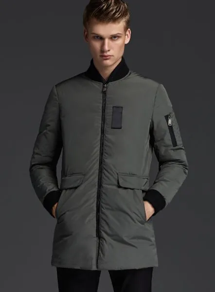 Men's Mid-Length Bomber Jacket with Black Cotton Lining