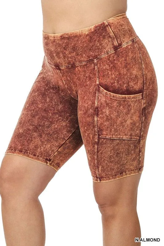 Mineral Wash Shorts with Wide Waistband and Pocket