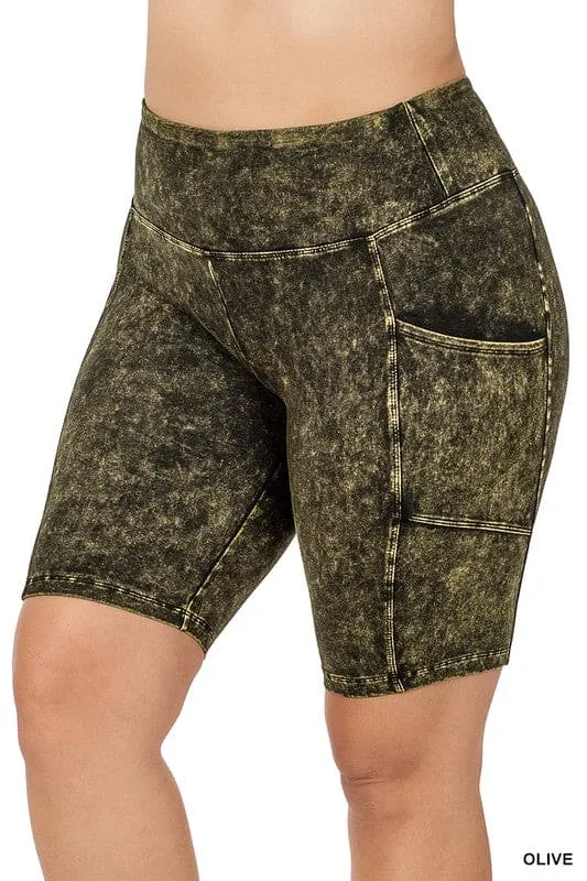 Mineral Wash Shorts with Wide Waistband and Pocket