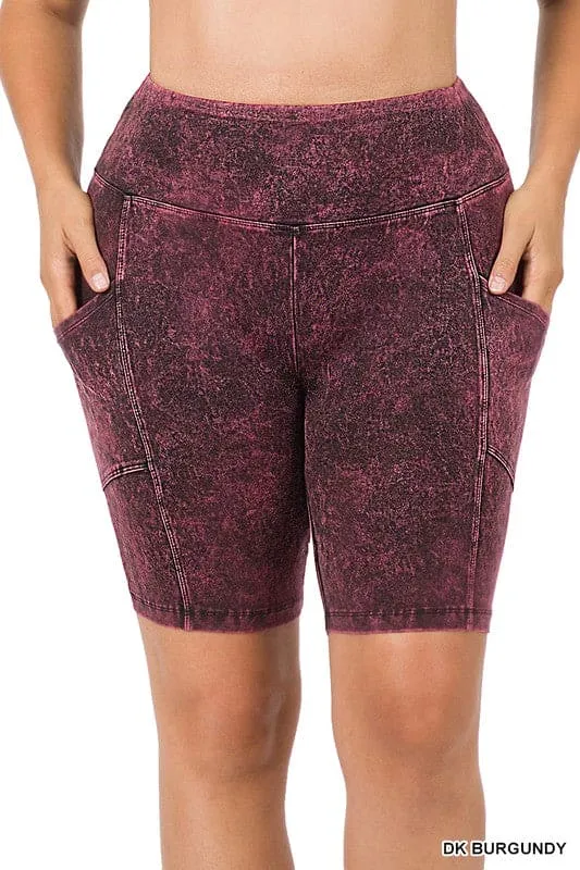 Mineral Wash Shorts with Wide Waistband and Pocket