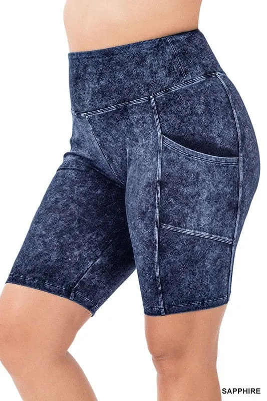 Mineral Wash Shorts with Wide Waistband and Pocket