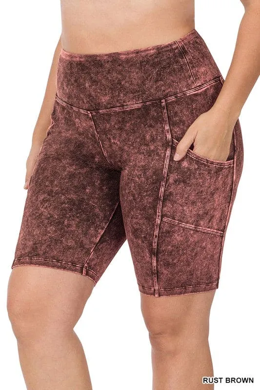 Mineral Wash Shorts with Wide Waistband and Pocket