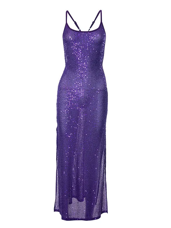 Elegant Purple Sequin Sparkly Maternity Maxi Dress with Slits