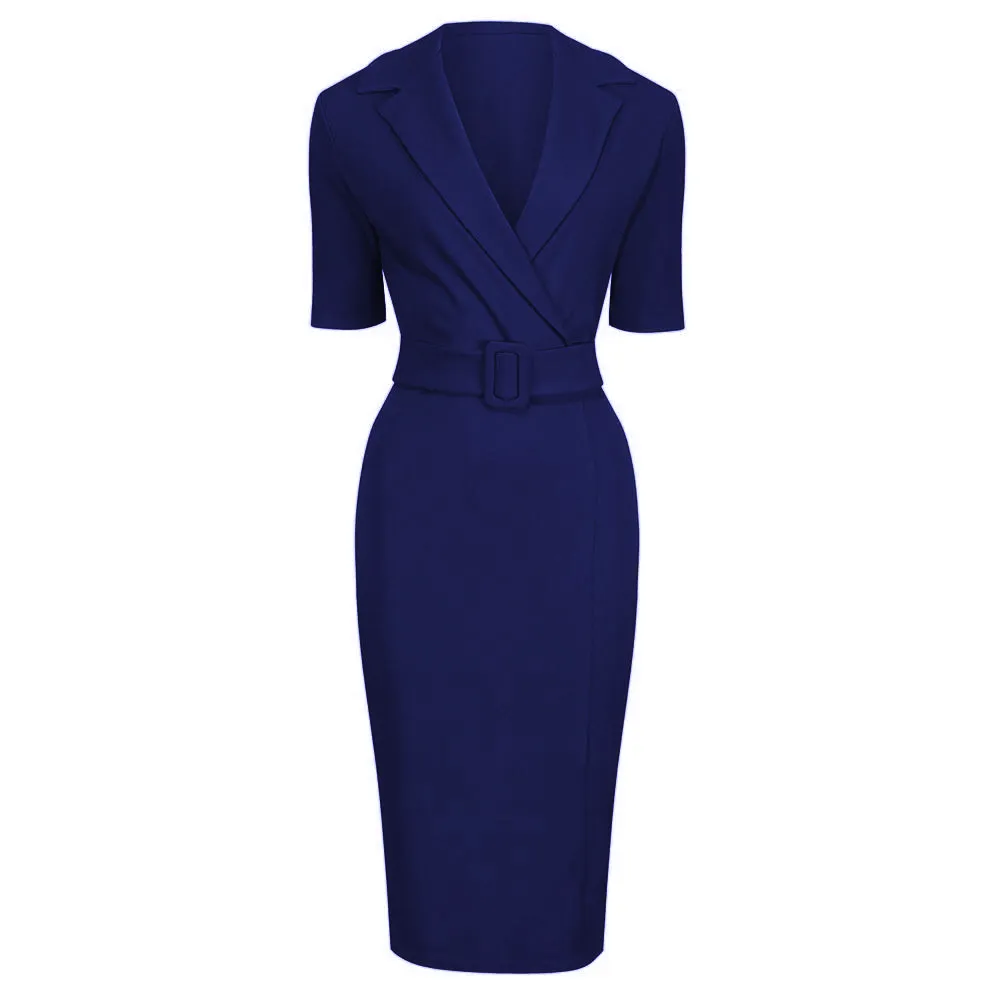 Navy Blue Belted Dress with Collar and Half Sleeves