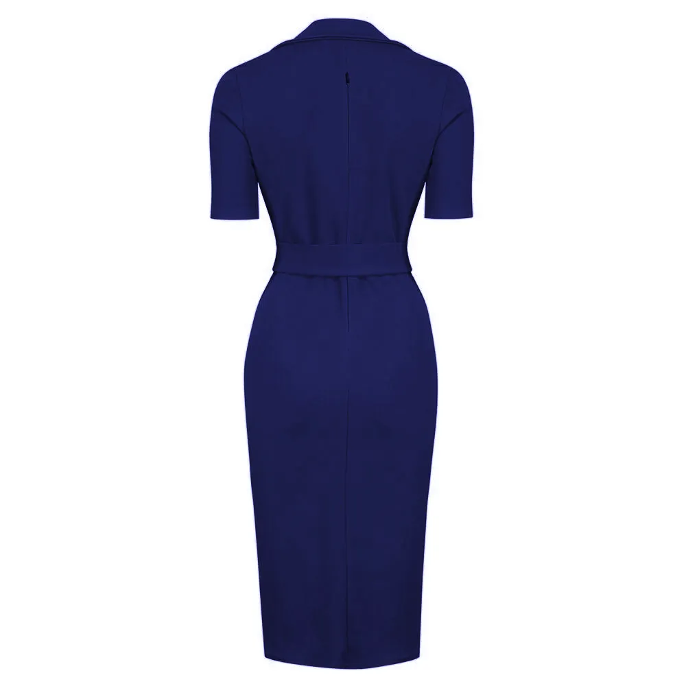 Navy Blue Belted Dress with Collar and Half Sleeves