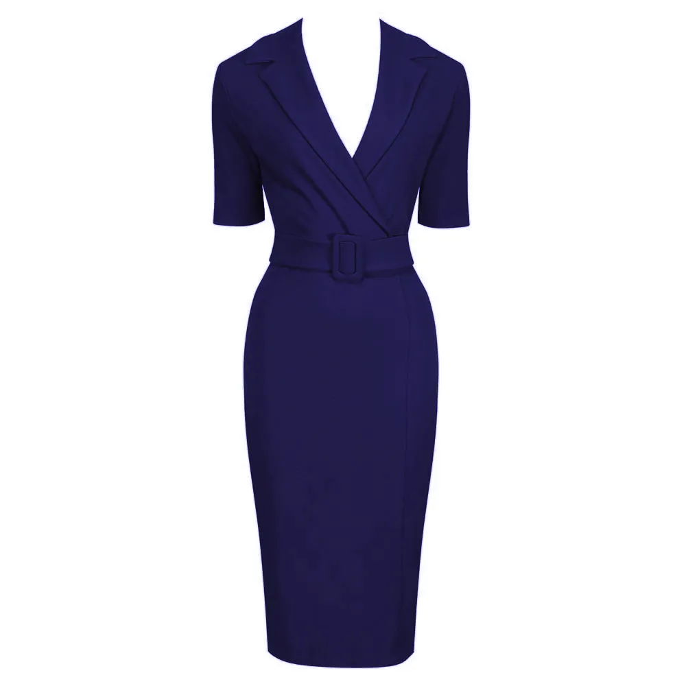 Navy Blue Belted Dress with Collar and Half Sleeves