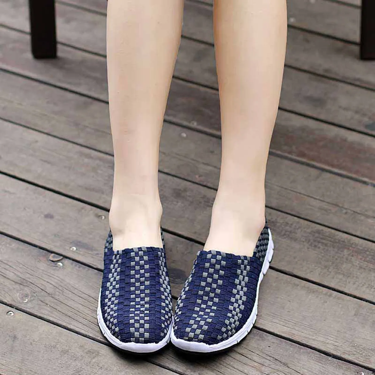 Navy Check Weave Slip On Casual Shoe Sneaker