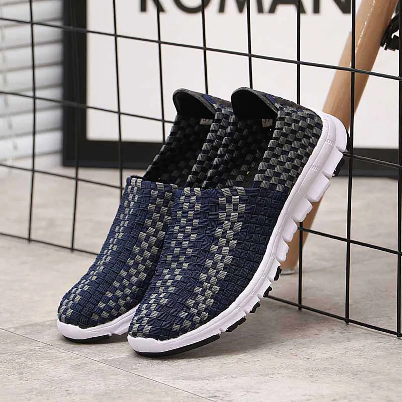 Navy Check Weave Slip On Casual Shoe Sneaker