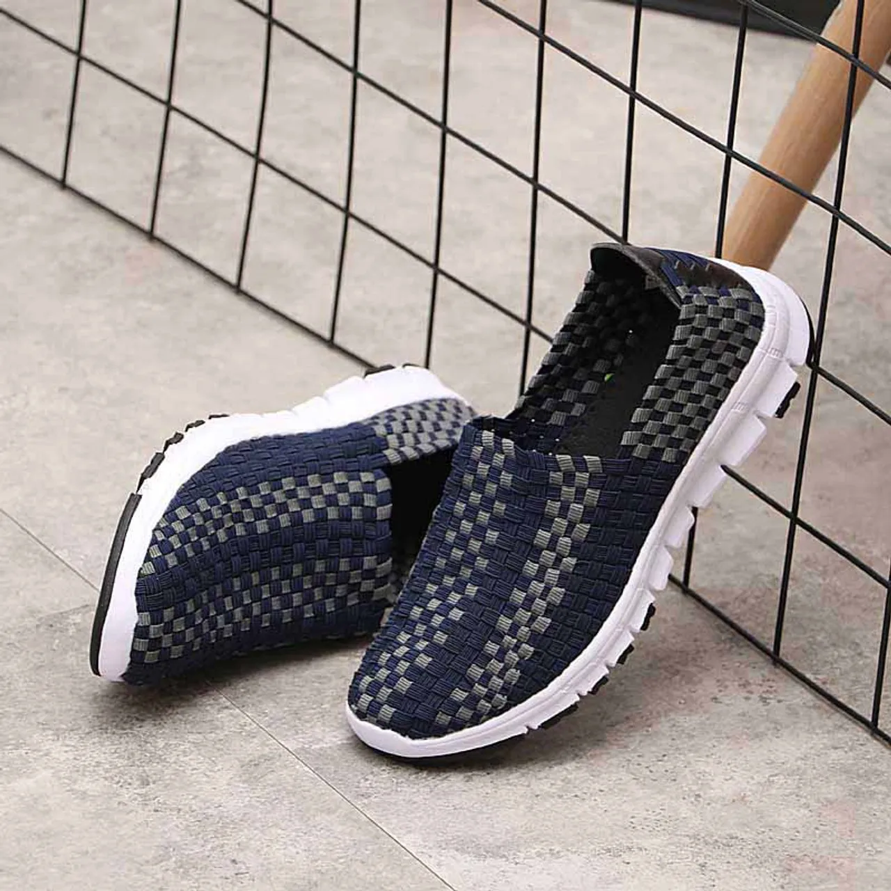 Navy Check Weave Slip On Casual Shoe Sneaker