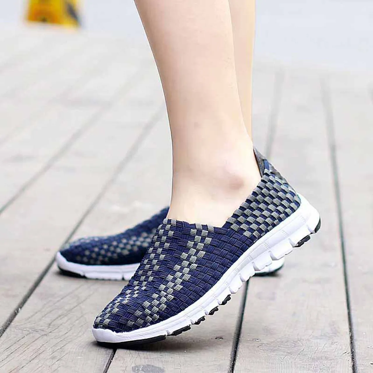 Navy Check Weave Slip On Casual Shoe Sneaker