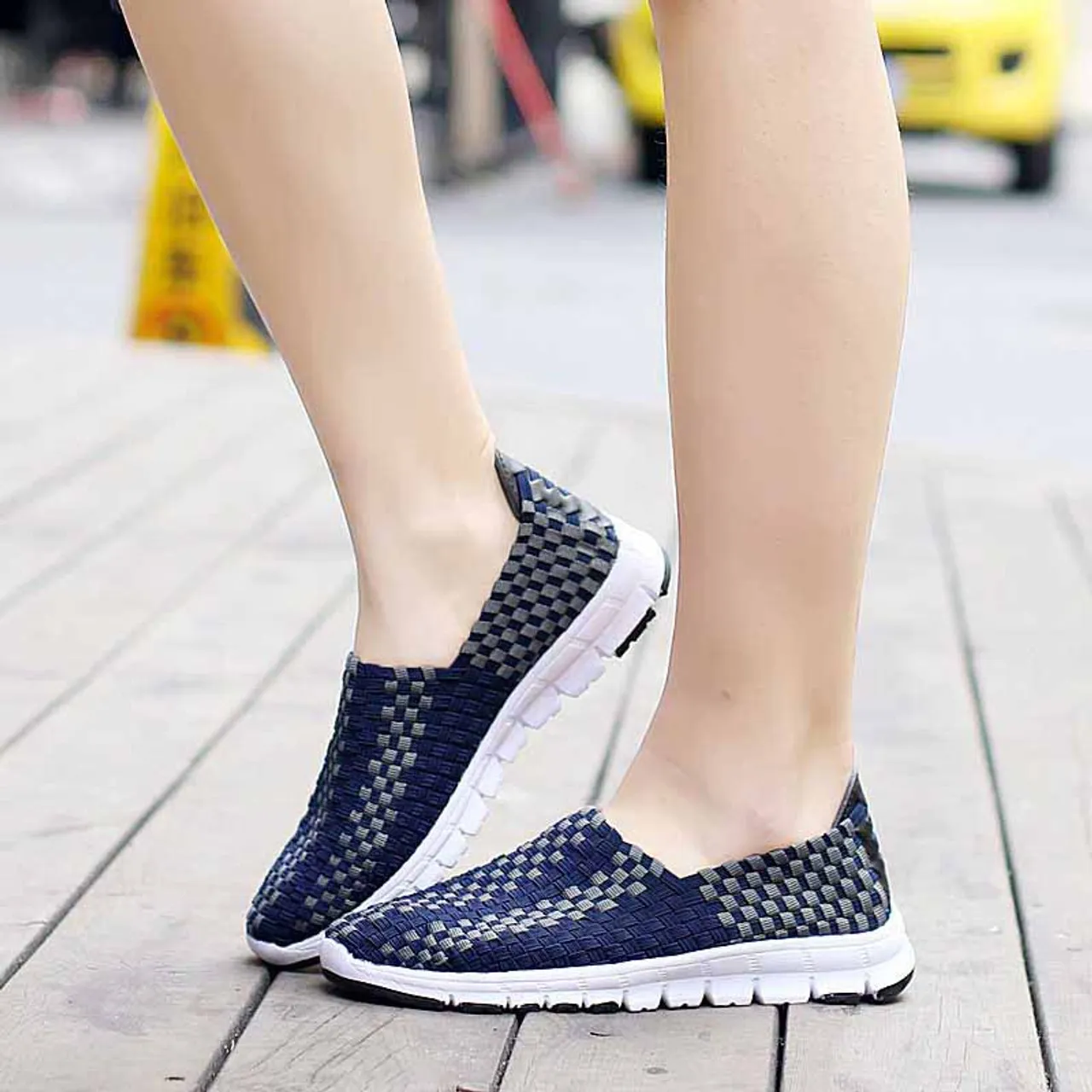 Navy Check Weave Slip On Casual Shoe Sneaker