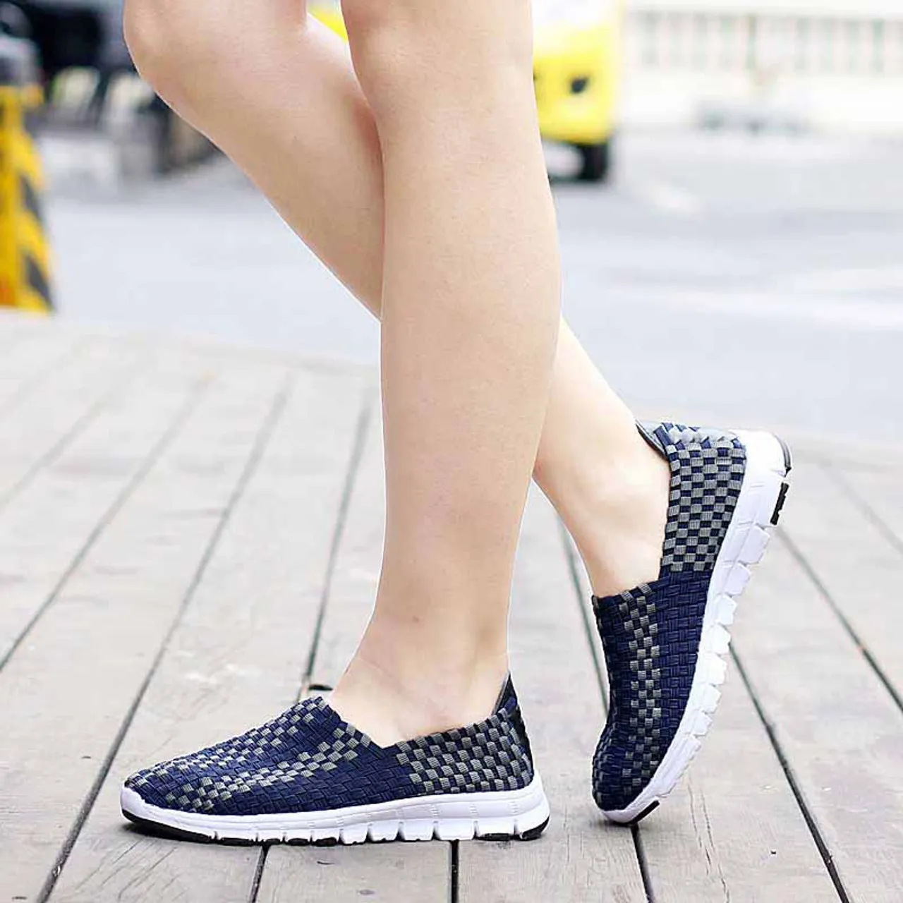 Navy Check Weave Slip On Casual Shoe Sneaker