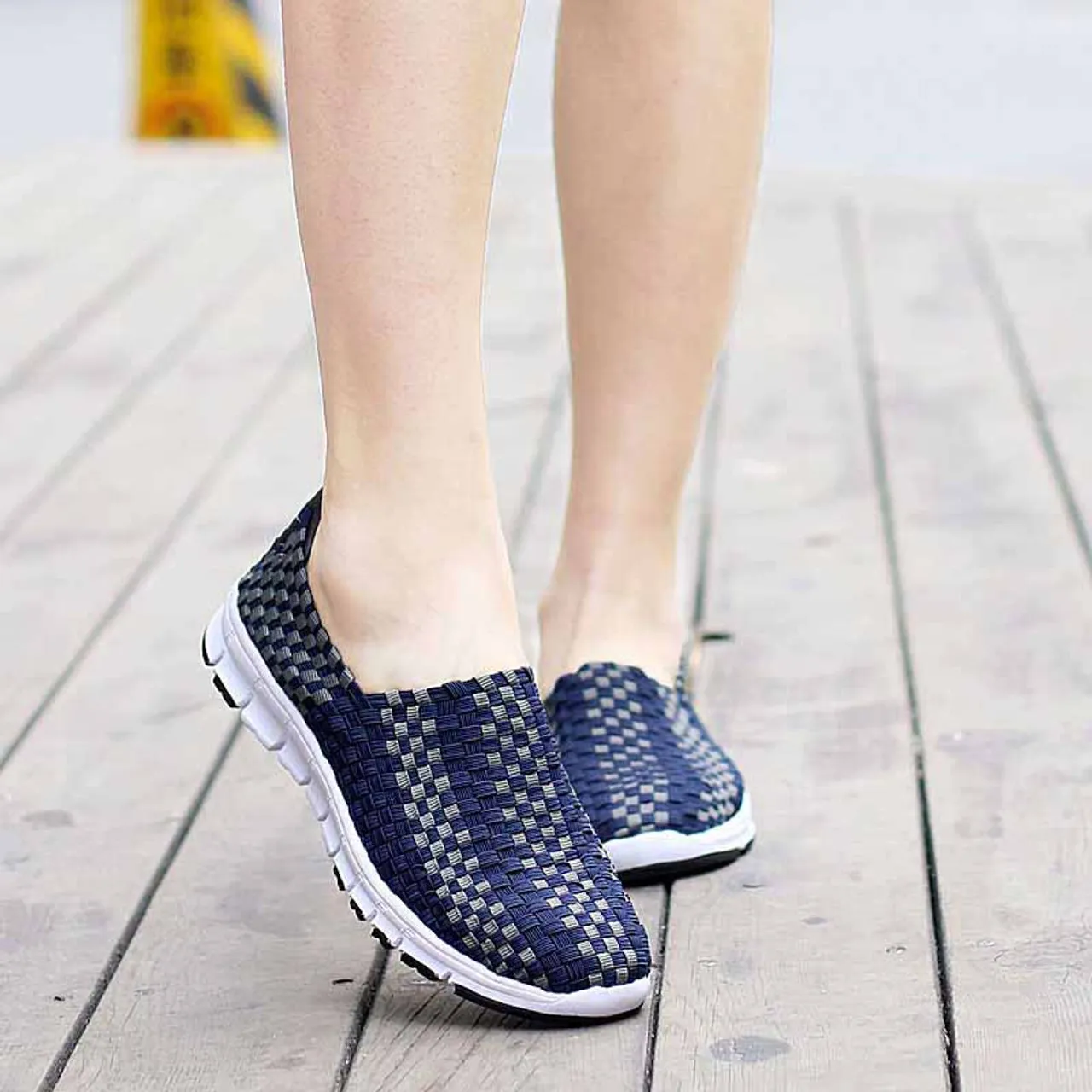 Navy Check Weave Slip On Casual Shoe Sneaker