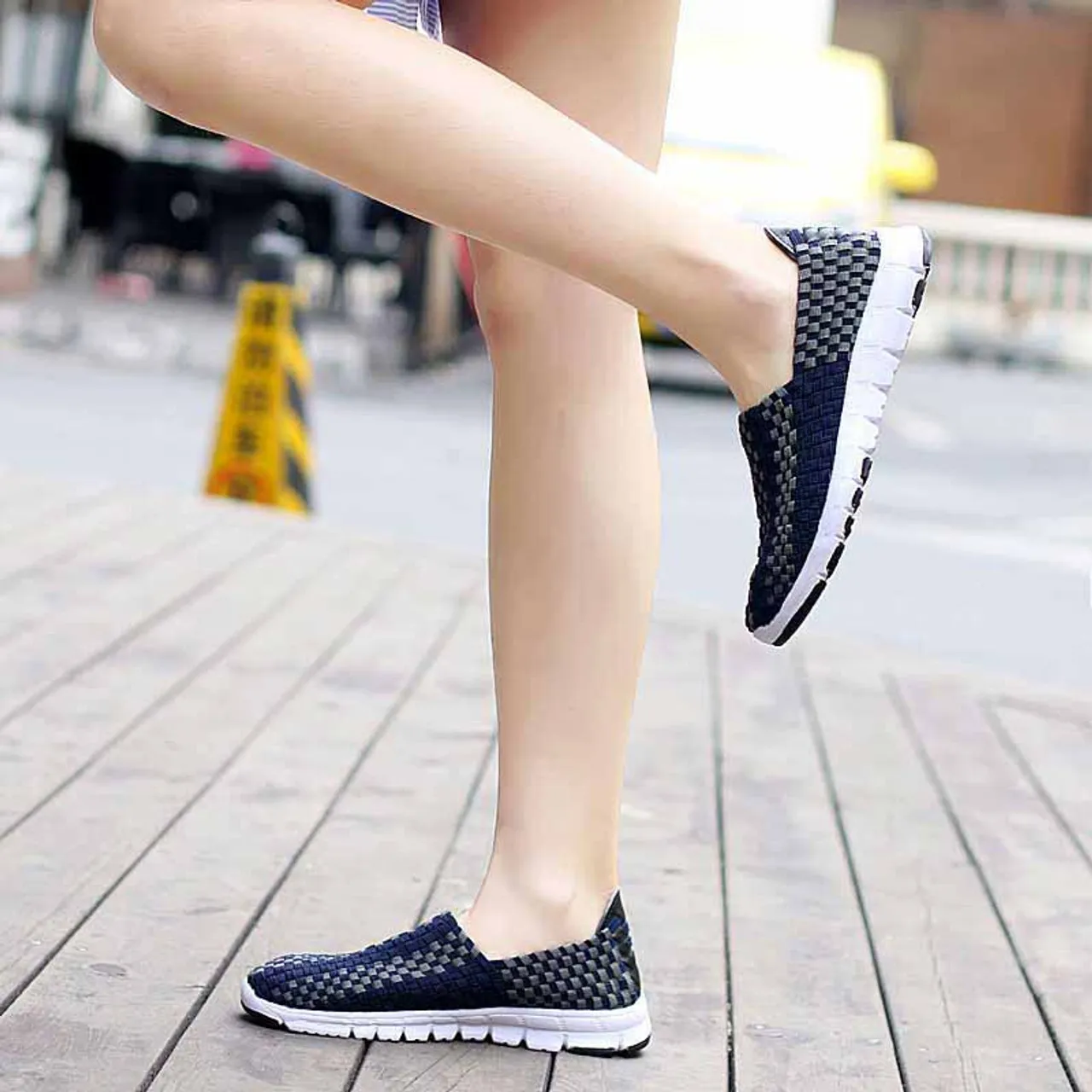 Navy Check Weave Slip On Casual Shoe Sneaker