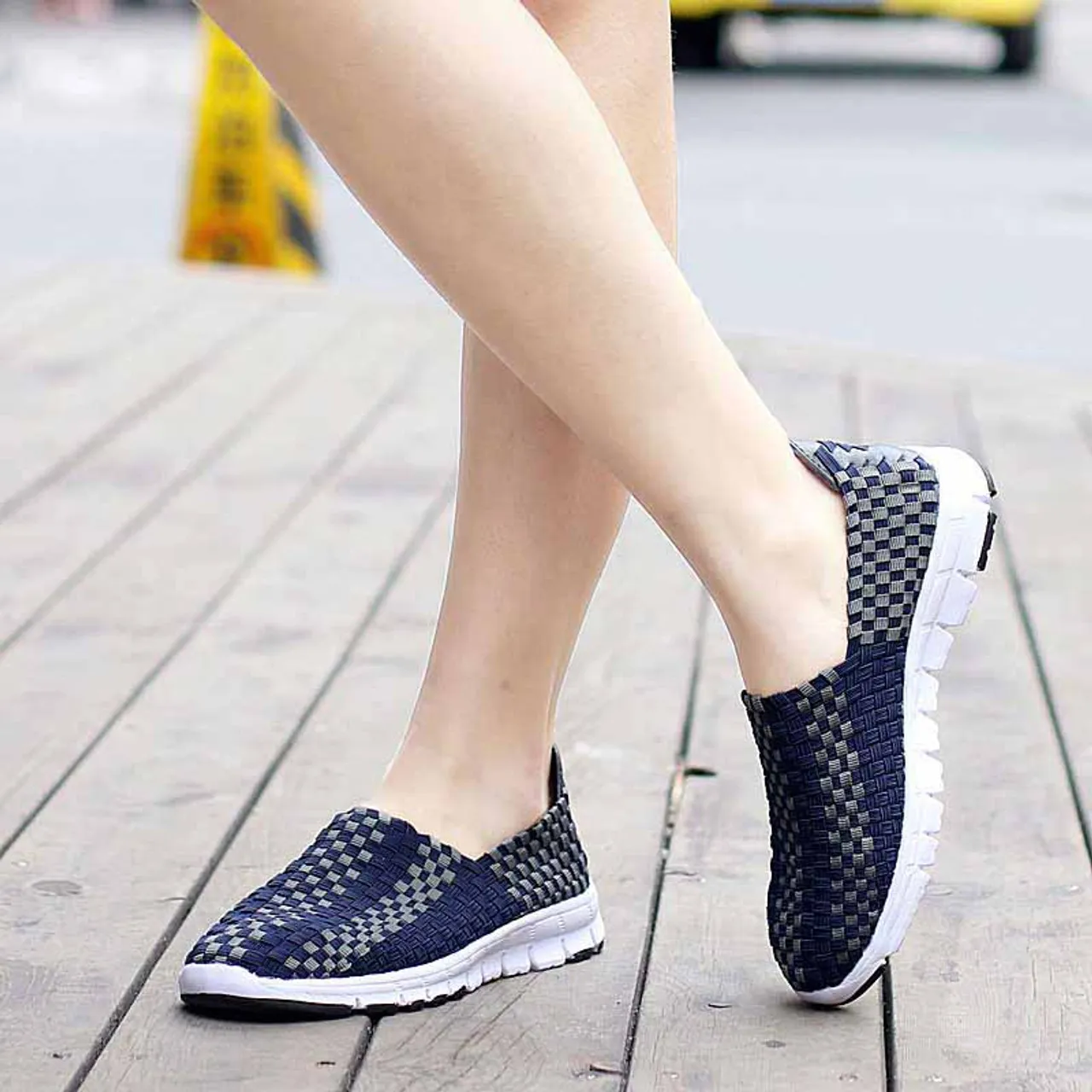 Navy Check Weave Slip On Casual Shoe Sneaker