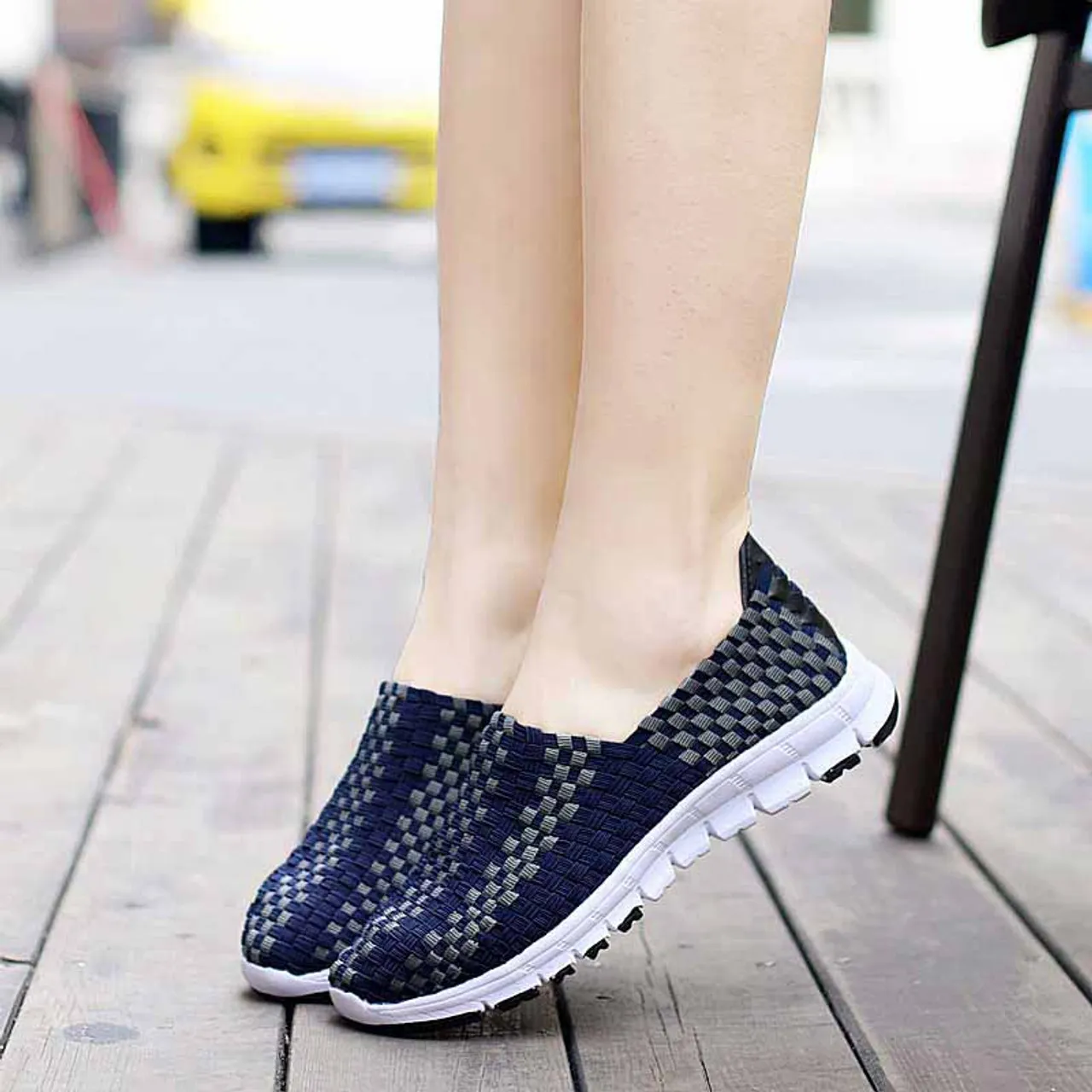 Navy Check Weave Slip On Casual Shoe Sneaker