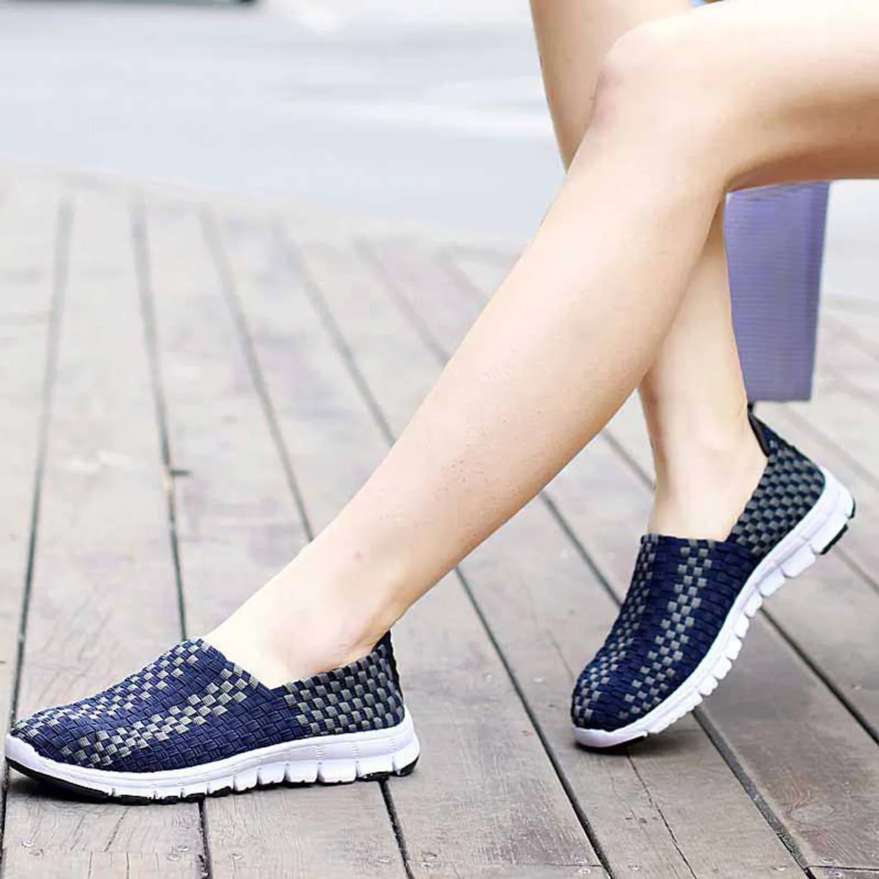 Navy Check Weave Slip On Casual Shoe Sneaker