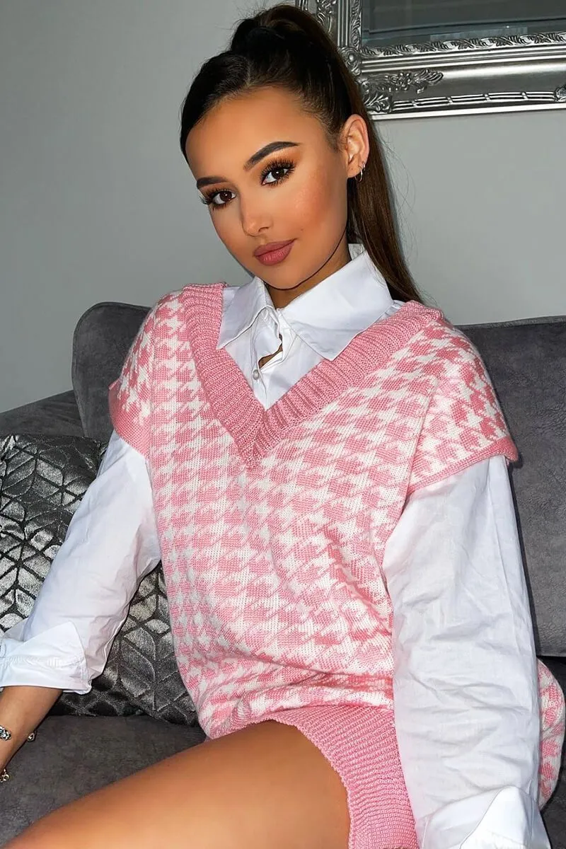 Pink Houndstooth Knit Vest - Hazel - Shop Now