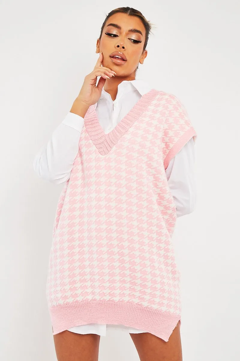 Pink Houndstooth Knit Vest - Hazel - Shop Now