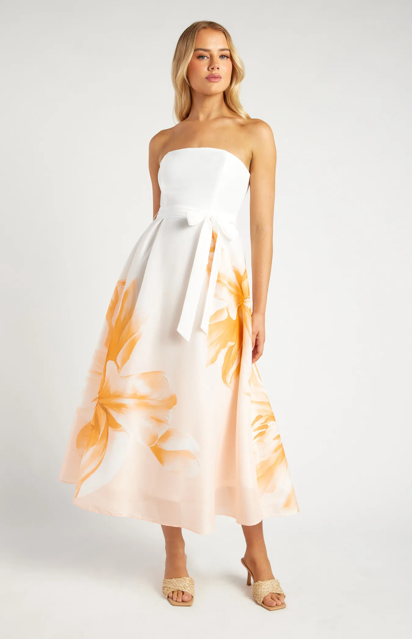 Floral Strapless A-Line Midi Dress with Placement Print (SDR1691B)