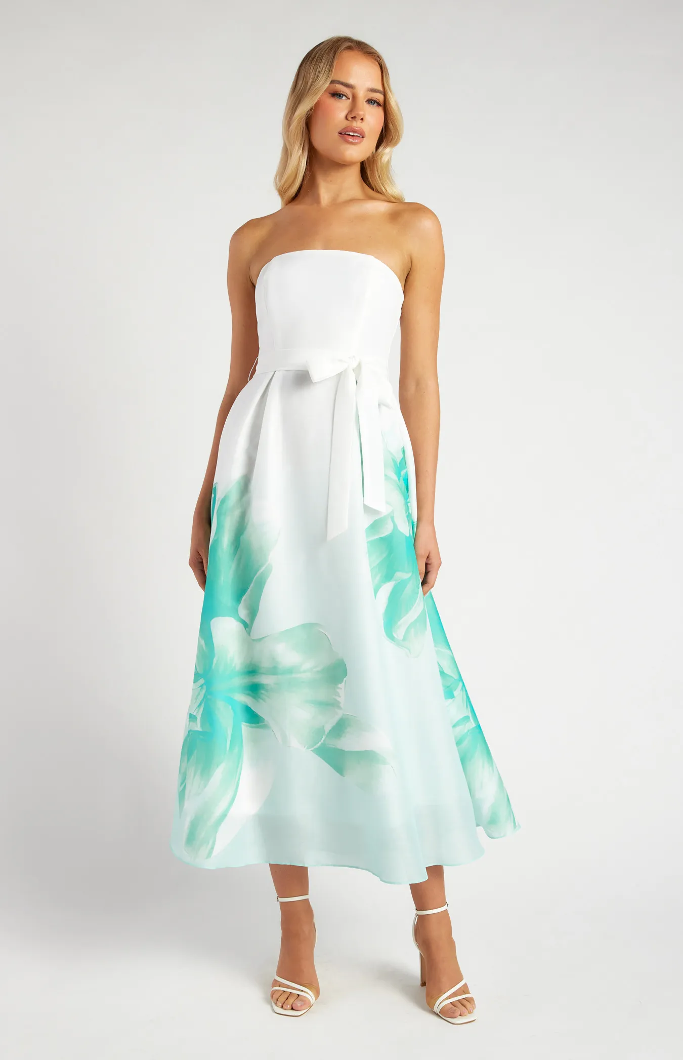 Floral Strapless A-Line Midi Dress with Placement Print (SDR1691B)