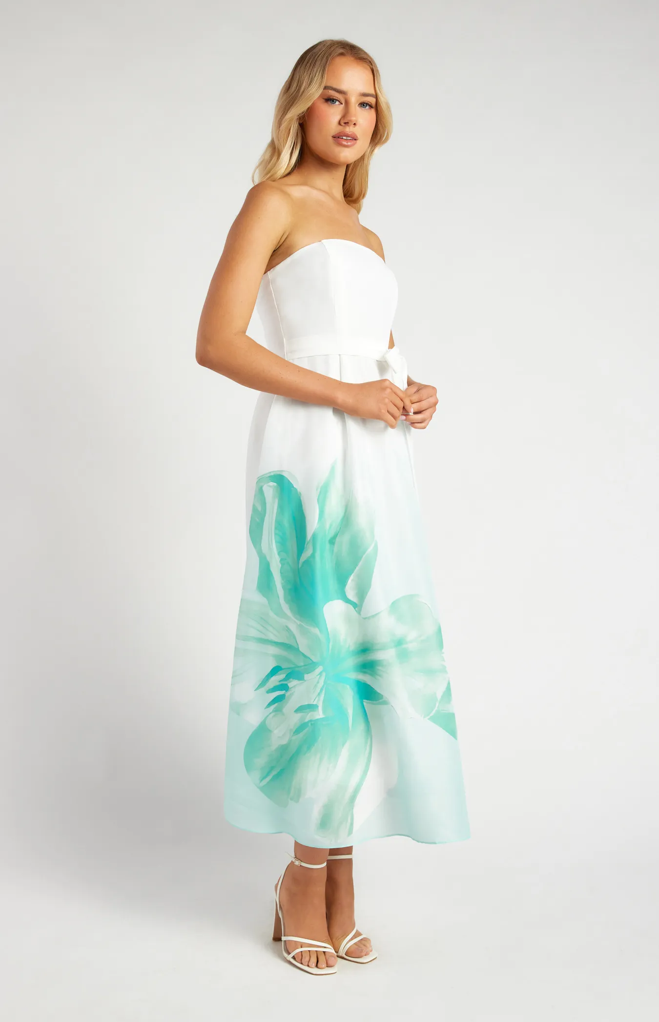 Floral Strapless A-Line Midi Dress with Placement Print (SDR1691B)