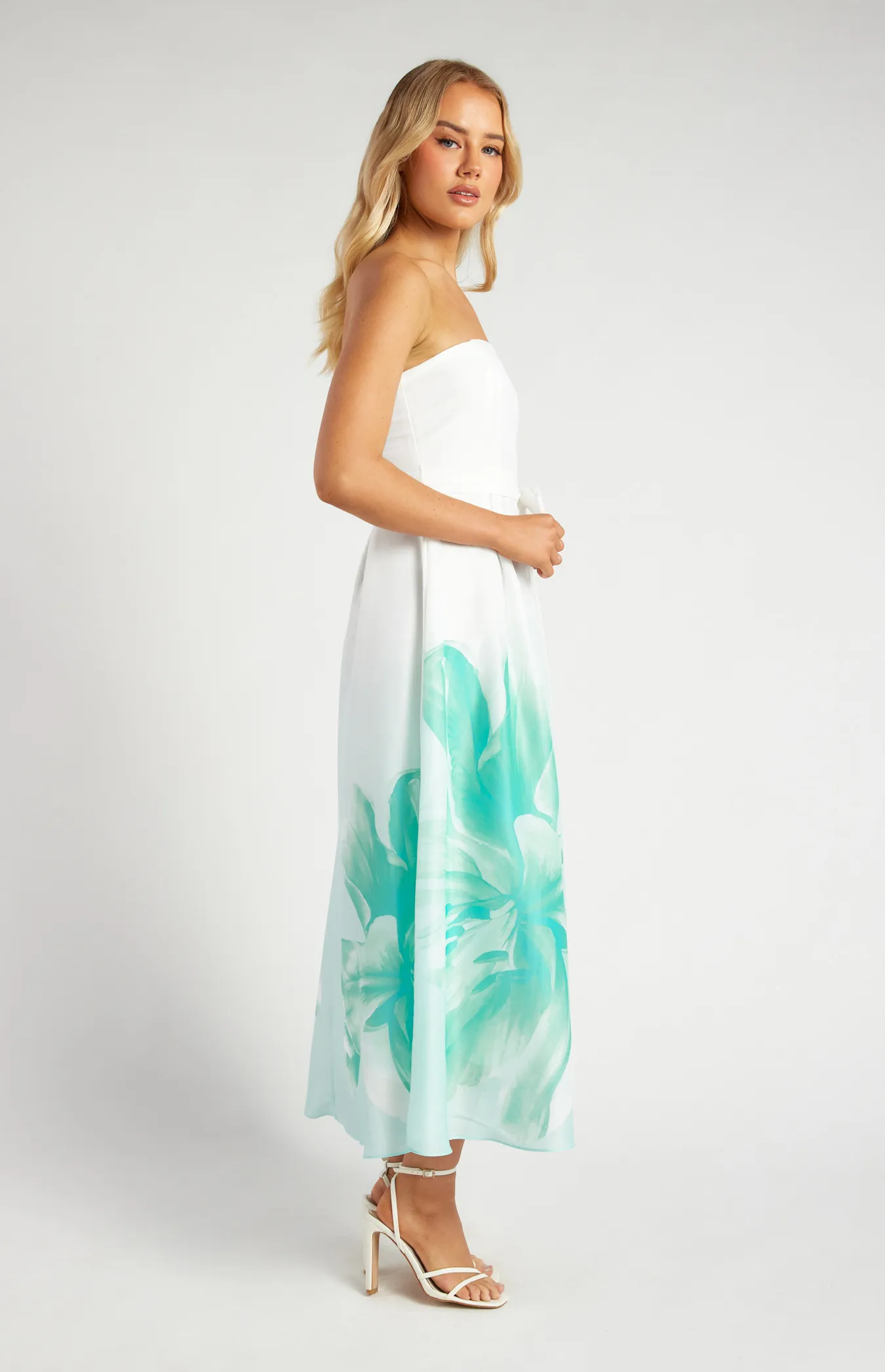 Floral Strapless A-Line Midi Dress with Placement Print (SDR1691B)