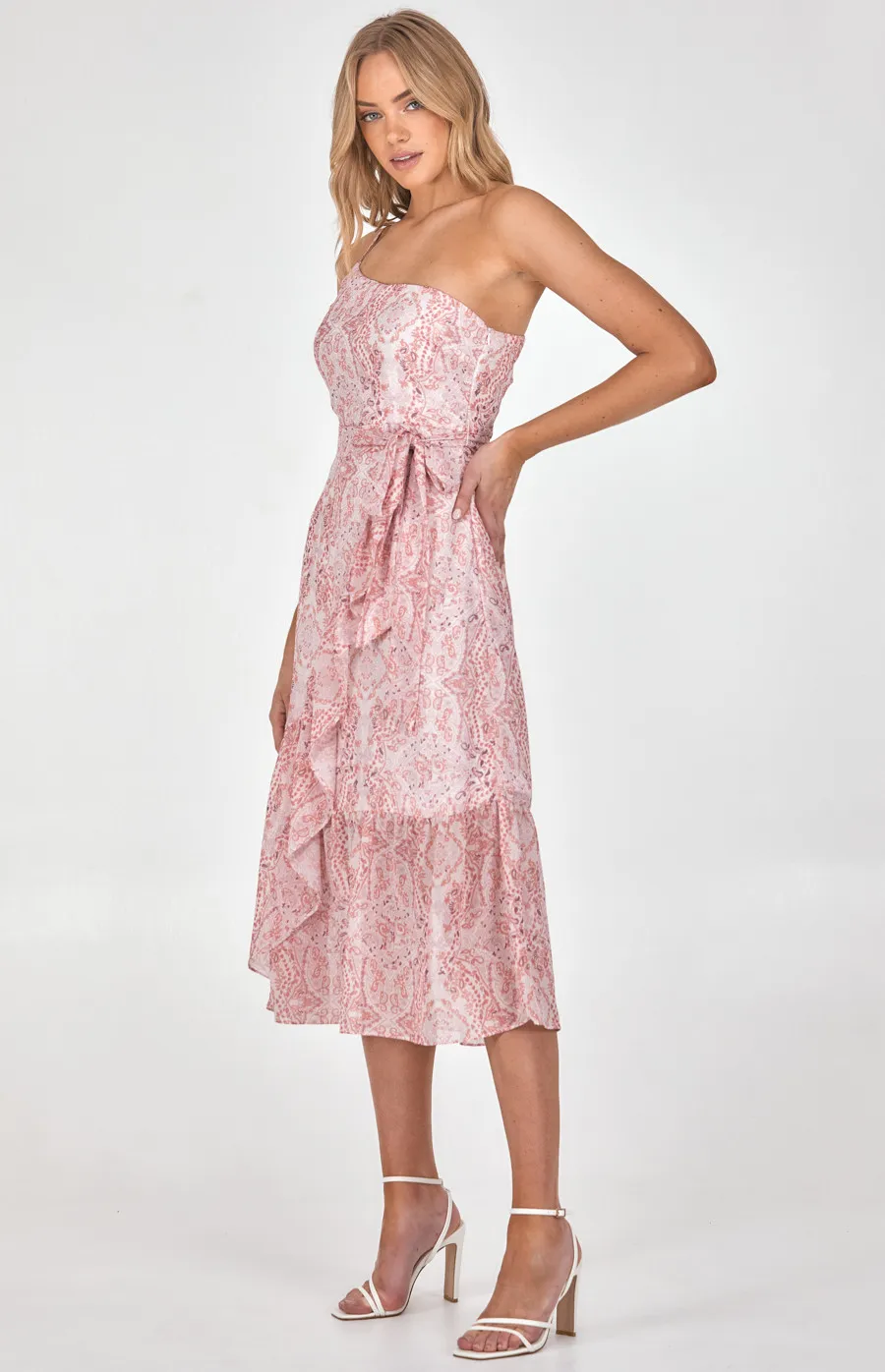 One Shoulder Printed Chiffon Dress with Frill Detail Hem (SDR1168B)