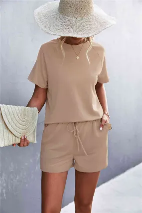 Raglan Sleeve Ruffle Hem Top Shorts Pockets