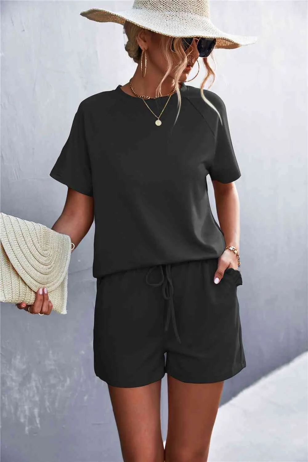 Raglan Sleeve Ruffle Hem Top Shorts Pockets