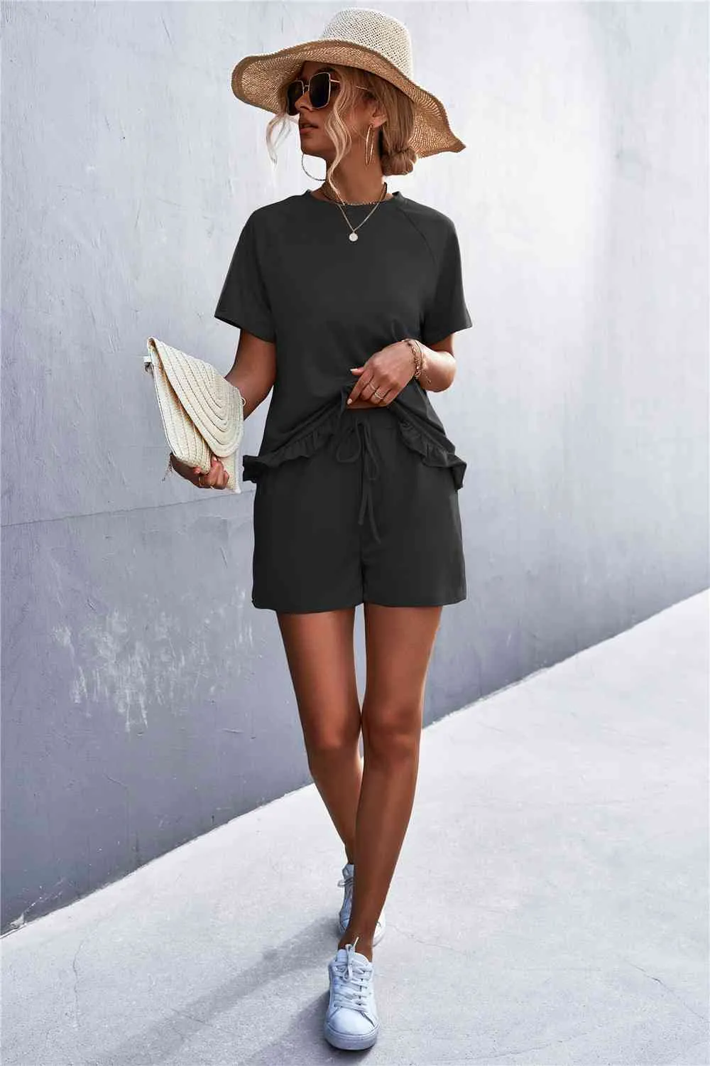 Raglan Sleeve Ruffle Hem Top Shorts Pockets