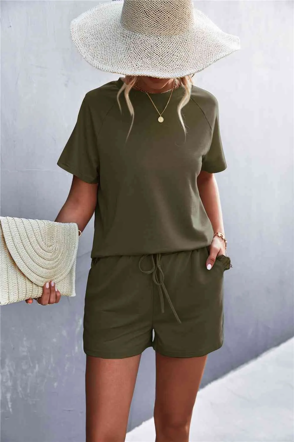 Raglan Sleeve Ruffle Hem Top Shorts Pockets